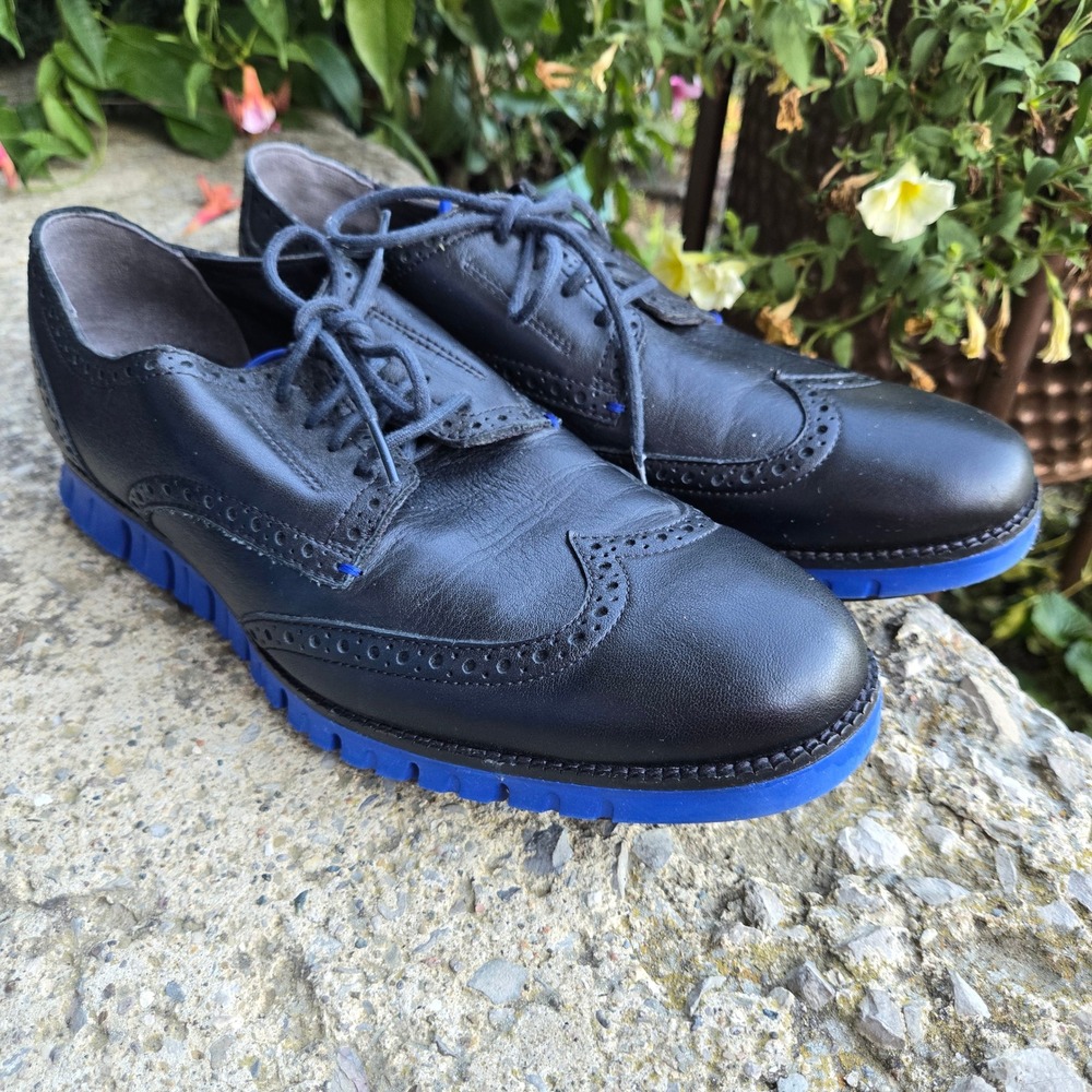 Cole Haan Zerogrand Wingtip Oxford Black Leather Blue Sole Mens 10.5 M